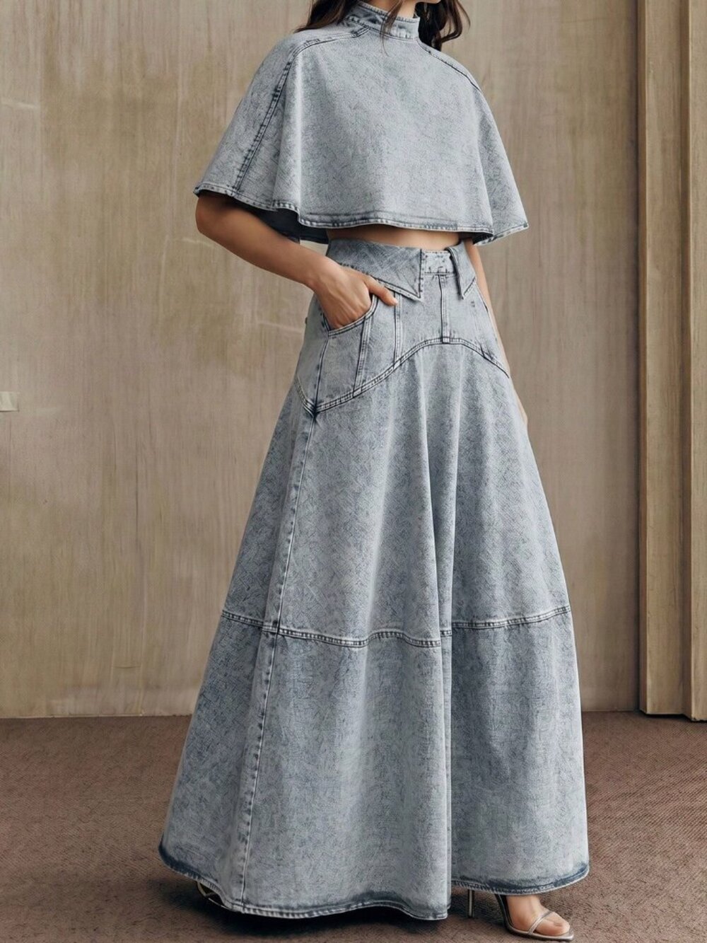 Blue Elegant Women's Peplum Hem Skirt & Short Sleeve Denim Cape Set - Picture 4 of 7